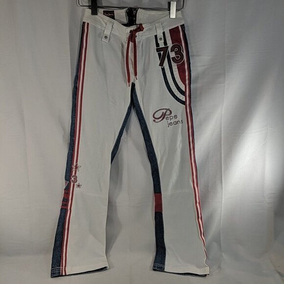 Pepe Jeans London Women's 25 White Red Blue Embroidered Side Stripes Denim Pants - Picture 1 of 16